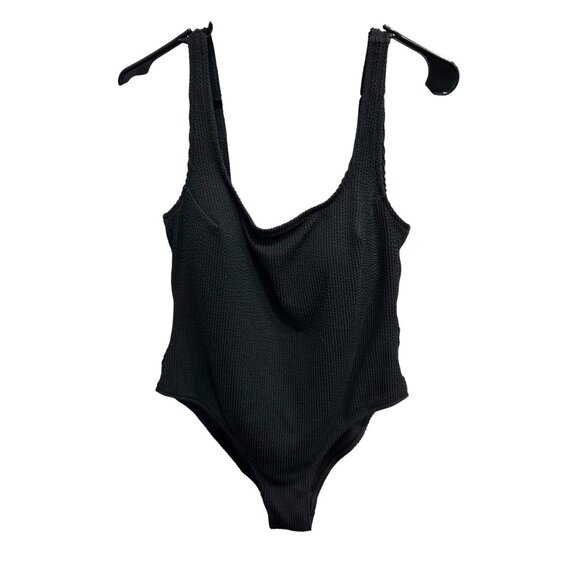 Black Textured One-Piece Swimsuit With Scoop Neck High-Cut Legs - Picture 1 of 6